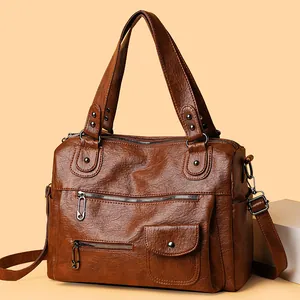 Große Kapazität PU-Leder Tote Tasche Für Damen Retro Multi-Pocket Schulter Crossbody Handtasche Lässige Pendeln Weiche Waschleder Handtasche