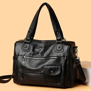 Große schwarze Retro-Einkaufstasche aus PU-Leder mit mehreren Reißverschlüssen für den Alltag