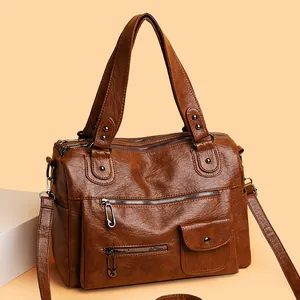 Braune Vintage-Handtasche aus PU-Leder für Damen mit großem Fassungsvermögen und Schultergurt