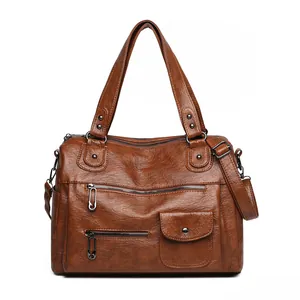 Braune Vintage-Handtasche für Damen aus PU-Leder mit großer Kapazität und Gurt