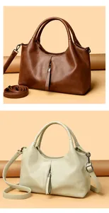 Detail view showing brown and cream soft leather tote bags with adjustable straps.