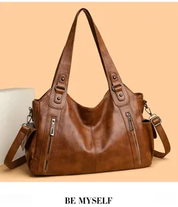 Large capacity vintage brown soft leather tote bag with front zipper details for women