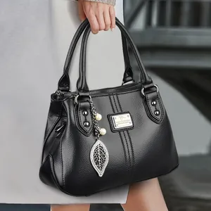 Women PU Leather Handbag Elegant Lychee Texture Shoulder Crossbody Bag For Ladies Mother Gift Leaf Artificial Pearl Pendant