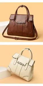 Set of two elegant leather handbags in brown and cream colors featuring a metal kangaroo logo.