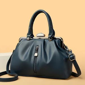 Elegante marineblaue Leder-Arzt-Handtasche für Damen mit Falten-Detail und Schultergurt