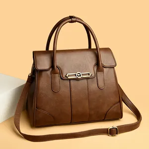 Premium brown leather handbag with large capacity and adjustable crossbody strap
