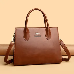 Bolso tote de cuero marrón elegante con logo de canguro y asas para la oficina