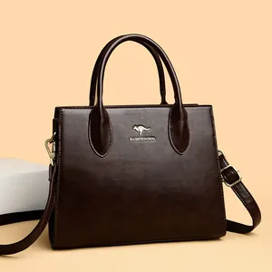 Bolso tote de cuero marrón oscuro clásico con elegante logo de canguro para diario