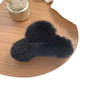 Cute black fluffy plush hair claw clip for women, large shark clip hair accessory