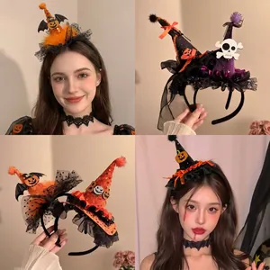 Halloween Witch Hat Headband For Women Kids Pumpkin Ghost Spider Bat Sequin Mesh Hairband Cosplay Party Accessories Decor