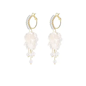 Elegant S925 silver needle French petal earrings with white pearls and crystal accents
