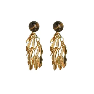 Elegant Maillard style resin bead dangle earrings with gold leaf-shaped metal tassels