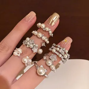 French Baroque Artificial Pearl Open Ring For Women Elegant Rhinestone Adjustable Alloy Finger Ring Retro Light Luxury Jewelry Accessories