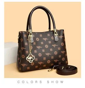 Elegant brown floral handbag featuring kangaroo pattern and decorative gold charm