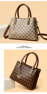 Detail view of two stylish handbags with kangaroo print and classic checkerboard patterns