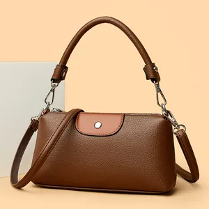 Bolso de mano minimalista de cuero marrón para mujer con correa de hombro y asa