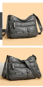 Detailed macro shots of a grey soft leather multi-pocket crossbody bag for women
