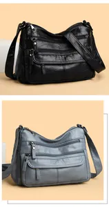 Sac à bandoulière en cuir lavé à plusieurs poches, variantes en noir et bleu poudré