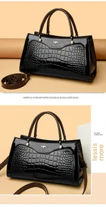 Retro black crocodile embossed handbag with top handles and detachable shoulder strap