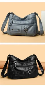 High-quality soft leather multi-pocket crossbody bag shown in grey and black variants