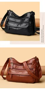 Vue détaillée de sacs à bandoulière en cuir lavé à poches multiples en noir et marron à la mode