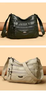 Detail view of fashion ladies casual shoulder bag with multiple zippers in two colors