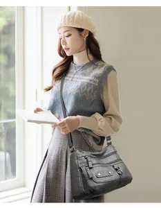 Vintage soft faux leather crossbody bag with multiple functional zip pockets for women
