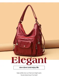 Elegant burgundy soft leather multi-functional shoulder bag and backpack for women