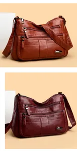 Soft leather women's crossbody bags in brown and wine red with multi-zipper pockets