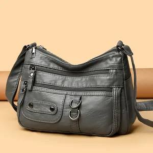 Multi-pocket soft leather shoulder bag for women with large capacity in dark grey color