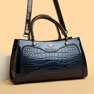 Elegant dark blue crocodile texture patent leather handbag for women with top handle