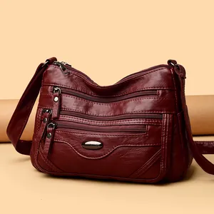 Elegant wine red multi-zipper crossbody bag for women, high-quality soft leather purse