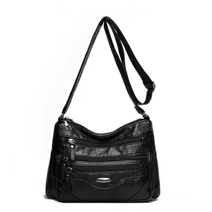 Large capacity black faux leather crossbody bag with multiple zippers for women