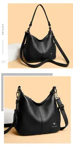 Macro detail view of black pebbled leather hobo shoulder bag with crossbody strap.