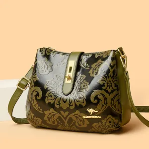 Vintage dark green floral print women crossbody handbag with gold hardware lock detail