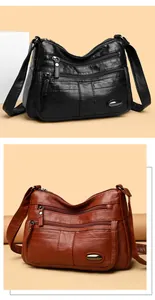 Professional detail view of multi-pocket soft leather crossbody bags in black and brown