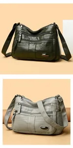 Multi-pocket women's crossbody bags in dark green and light grey pebble leather.