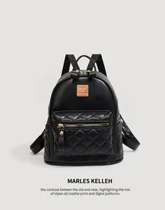 Detailansicht des schwarzen gesteppten PU-Leder-Rucksacks für Damen mit Goldakzenten