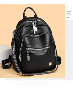 Fashionable black soft leather multi-pocket backpack for women with patterned shoulder strap