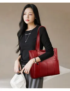 Bolso tote elegante de cuero suave rojo para mujer, bolso de hombro de gran capacidad