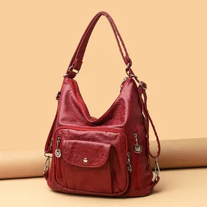 Women Versatile Convertible Shoulder Bag PU Leather Large Tote Handbag Backpack With Rivets Multi Pocket Travel Daily Bag