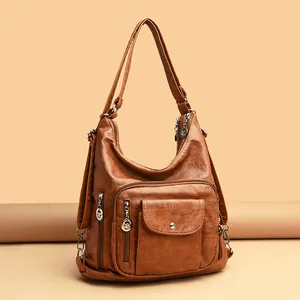 Stylish brown faux leather convertible backpack and shoulder bag for women's daily use