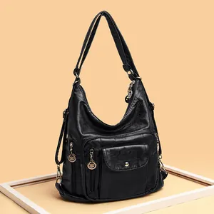 Stylish black faux leather hobo shoulder bag for women with versatile multi-zipper design