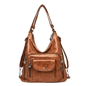 Versatile brown textured PU leather convertible backpack and shoulder bag for women