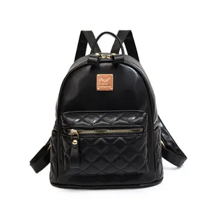 Eleganter schwarzer gesteppter PU-Lederrucksack für Damen mit stilvollen Goldakzenten
