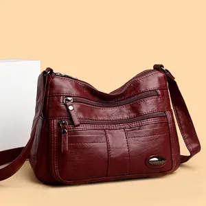 Soft wine red multi-pocket crossbody bag for women, stylish and lightweight shoulder bag