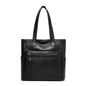 Bolso tote de cuero suave negro para mujer con gran capacidad y múltiples compartimentos