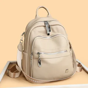Fashionable beige soft leather large capacity backpack for women with multiple zippers