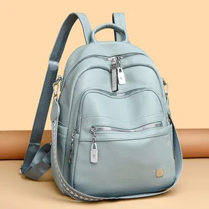 Stylish light blue soft leather backpack with large capacity and multi-pocket design