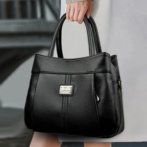 Vintage Lychee Texture PU Leather Women Handbag Fashion Shoulder Crossbody Tote Bag With Brand Plate Adjustable Strap